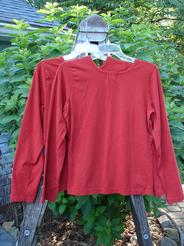 2000 Cotton Lycra Long Sleeved Layering Tops Unpainted Bittersweet Size 1 displayed on hangers, showcasing their fitted, shapely design with a rounded neckline.