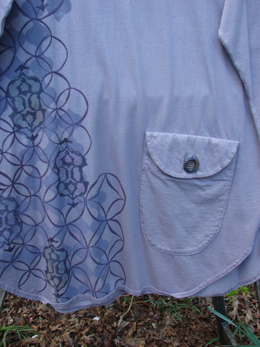 Barclay Long Sleeved Pop Top Celtic Spirograph Stone Size 1 features a unique circular/floral pattern, rounded pocket with button, and draw cord back, exemplifying BlueFishFinder's vintage-inspired style.