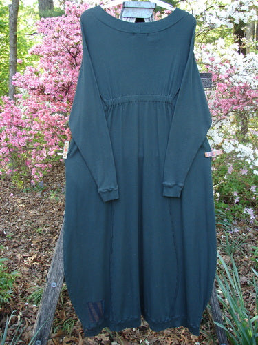 Barclay Patched Thermal Curve Dress Forest Size 2, hanging on a wooden ladder, features unique figure-eight shape, rib neckline, stitched pockets, and painted patches, set against flowering shrubs and trees outdoors.