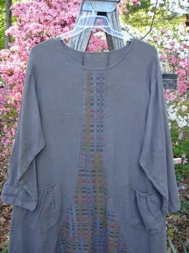 Barclay Linen Tea Ceremony Thostle Dress Cross Grid Dark Stone Size 1 features a scoop neckline, three-quarter sleeves, and vertical striped central panel, highlighting Bluefishfinder.com's unique vintage style and individuality focus.