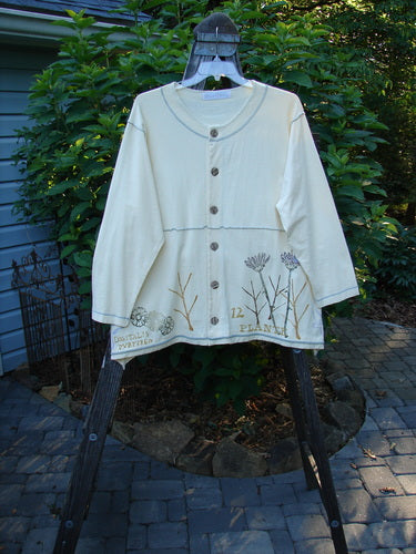 1998 Botanicals Orchard Jacket Digitalis Queen Anne's Lace Altered Size 2 displayed on a swinger, showcasing wide banded A-line hem, drop shoulders, rounded neckline, and detailed Digitalis theme paint with a signature Blue Fish patch.