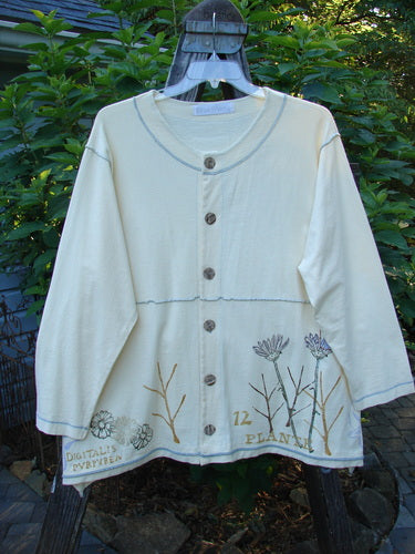 1998 Botanicals Orchard Jacket Digitalis Queen Anne's Lace Altered Size 2 with floral design, wide banded A-line hem, drop shoulders, rounded neckline, 8 pearl buttons, and signature Blue Fish patch on back.