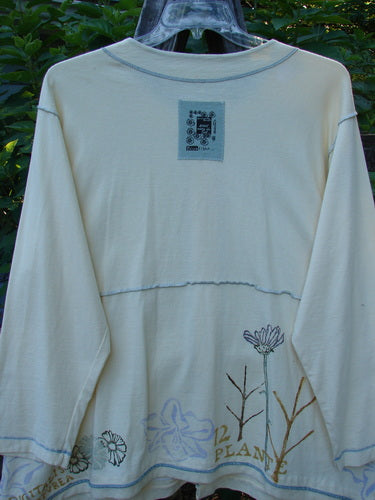 1998 Botanicals Orchard Jacket Digitalis Queen Anne's Lace Altered Size 2 featuring a white shirt with a detailed blue floral design, rounded neckline, drop shoulders, and 8 pearl wave buttons.