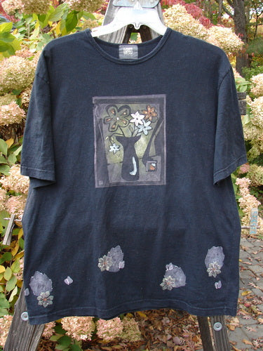 2000 Artist Choice Short Sleeved Tee Floral Vase Black Size 1 featuring a painting of a cat in a vase, rolled ribbed neckline, straight shape, and signature Blue Fish Patch.
