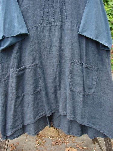 Barclay NWT Linen Cotton Sleeve Milkmaid Dress Unpainted Blue Cypress Size 2, featuring a loose fit, ankle-length, wide sleeves, sunrise pleats, empire waist, layered hem, and two diagonal patch pockets.