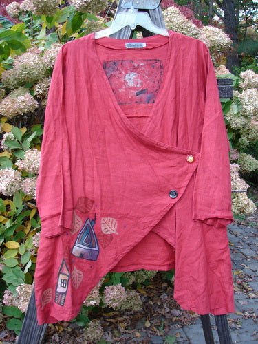 Barclay Linen Tidal Jacket, altered size 0. Red shirt with painted design, button, and white circle. Unique vintage piece from Bluefishfinder.com.