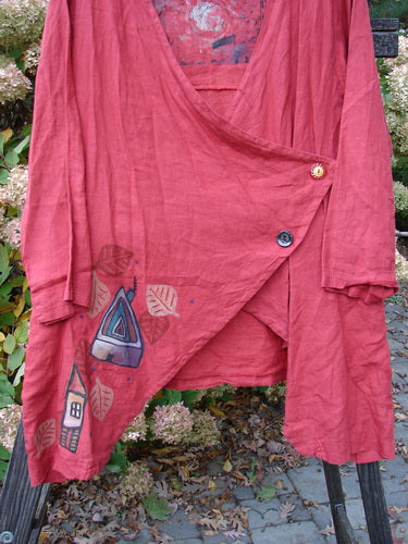 Barclay Linen Tidal Jacket Home Swing Geisha's Robe Altered Size 0, featuring a deeper neckline, two-button side closure, varying front hemline, and double wrap side pockets with a painted theme design.
