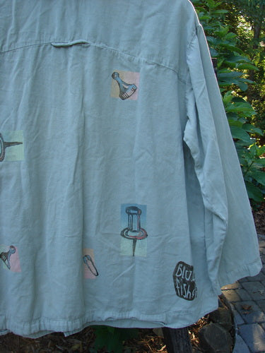 2001 P3 Top Junk Drawer Kelp Size 0, featuring unique pictures, rounded hemline, abalone shell buttons, and tailored upper back, made from soft buttery cotton twill from Bluefishfinder.com’s Spring Collection.