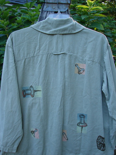 2001 P3 Top Junk Drawer Kelp Size 0: A unique jacket featuring artistic drawings, rounded hem, abalone shell buttons, tailored seams, and a small back loop for hanging.