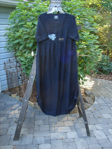 1999 Textured Linen Water Dress Goldfish Raven Size 0, featuring an empire waistline, full sweeping skirt, softly rounded neckline, and back drawcord accents, displayed on a wooden ladder.