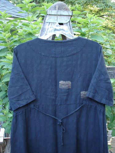 1999 Textured Linen Water Dress Goldfish Raven Size 0 displayed on a wooden board, showcasing its empire waistline, full sweeping skirt, softly rounded neckline, and dainty pleated front.