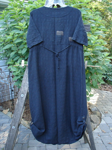 1999 Textured Linen Water Dress Goldfish Raven Size 0 on a clothes rack, featuring an empire waistline, full sweeping skirt, softly rounded neckline, and dainty pleated front with back drawcord accents.