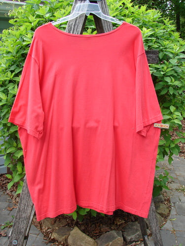 Barclay Short Sleeved Studio Tee Birdy Branch Pomegranate Size 3 on hanger outdoors, showcasing its wide neckline and generous shape. Made of organic cotton, featuring a cheerful birdy branch theme.