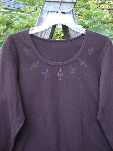 1999 Cotton Lycra Long Sleeved Layering Top Necklace Deep Burgundy Size 2, featuring full-length sleeves and a unique necklace design, ideal for layering with super stretch fabric.