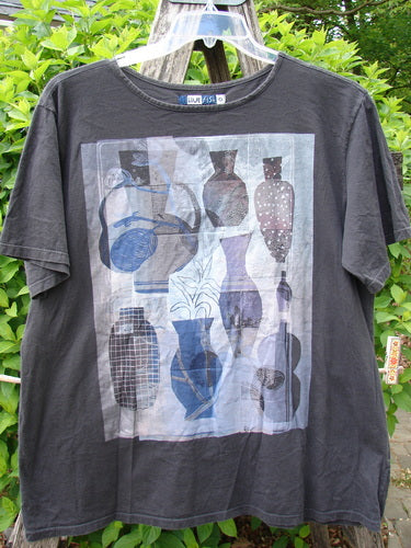 Barclay Fiona Straight Tee Modern Vase Storm Size 0 features a grid of nine blue and gray vases on black organic cotton, with a rounded neckline and wide sleeves, reflecting Bluefishfinder.com’s creative vintage style.