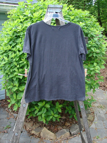 Barclay Fiona Straight Tee Modern Vase Storm Size 0 displayed on a wooden ladder outdoors, featuring a rounded flattened neckline, shorter wide sleeves, and a generous straight shape.