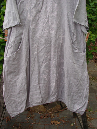 Barclay Cotton Sleeved Frenchtown Studio Dress Wild Flower Rice Paper Size 0 displayed on wooden support, features billowy angular pockets, rounded hem, curly-edged sleeves, pleated neckline, and unique floral paint design.