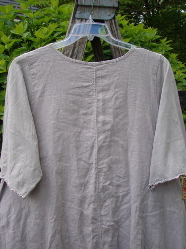 Barclay Cotton Sleeved Frenchtown Studio Dress Wild Flower Rice Paper Size 0, featuring elbow-length sleeves, double pleated neckline, angular pockets, and floral accents, hanging from a trellis amidst green foliage.