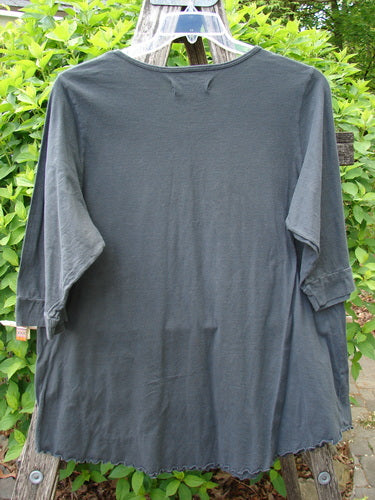 Barclay Banded Artist Pocket Top Metallic Kitty Kitty Black Size 1, displayed with three-quarter sleeves draped, rounded neckline, and distinct double exterior pockets, hanging on a wooden trellis against leafy shrubs.