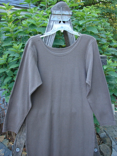 1991 Rib Thermal The Skinny Dress Unpainted Nut Brown Altered OSFA displayed on a hanger, showcasing its straight linear shape, long sleeves, and rounded neckline.