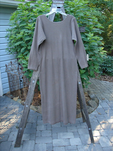 1991 Rib Thermal The Skinny Dress Unpainted Nut Brown Altered OSFA displayed on a wooden ladder, showcasing its long sleeves, straight linear shape, and rounded neckline.