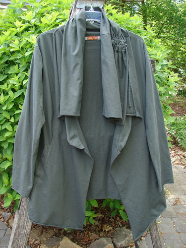 Barclay Cotton Lycra Gather Collar Open Front Jacket Unpainted Forest Size 1 features a waterfall front, long sleeves, and a unique drawstring rosette detail on one shoulder, embodying Bluefishfinder.com's vintage charm.