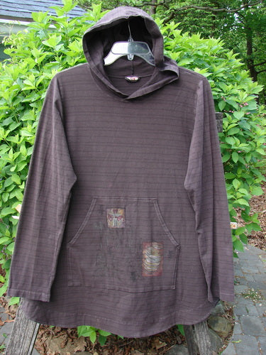 Barclay Cotton Lycra Twinkle Hoodie Pullover Geisha Stripe Bark Size 0, featuring a chocolate brown color, subtle stripes, decorative patches, and a kangaroo pocket, hangs outdoors against leafy shrubs.