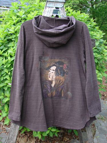 Barclay Cotton Lycra Twinkle Hoodie Pullover Geisha Stripe Bark Size 0 features a stylized geisha print on the back, draped over a wooden ladder, embodying Bluefishfinder.com's vintage, expressive style.