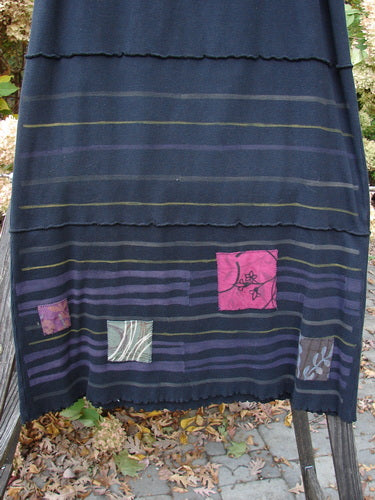 Barclay Patched Thermal Fold Over Pencil Panel Skirt Grid Stripe Black Size 2, featuring horizontal stitchery, tiny hem patches, and a full-length, straight fall with a fold-over waist panel.