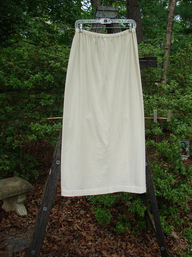 2001 Wish Pocket Skirt Circle Rows Natural Size 1 displayed hanging against a wooden ladder backdrop, showcasing its lightweight organic cotton material, oversized pockets, and six vertical lower center hem buttons.