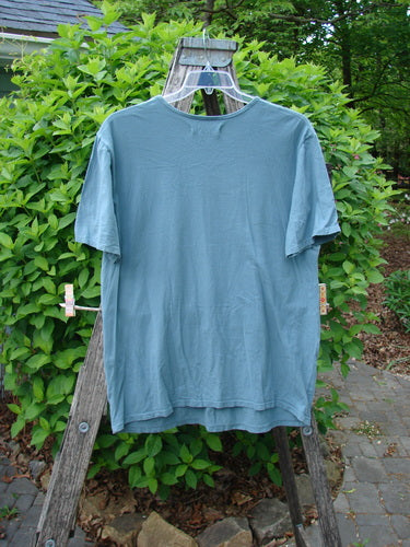 Barclay Short Sleeved Straight Tee BF Promo Light Tealen Size 0 on a wooden stepladder, showcasing its rounded neckline and wide sleeves, set against lush green shrubs.