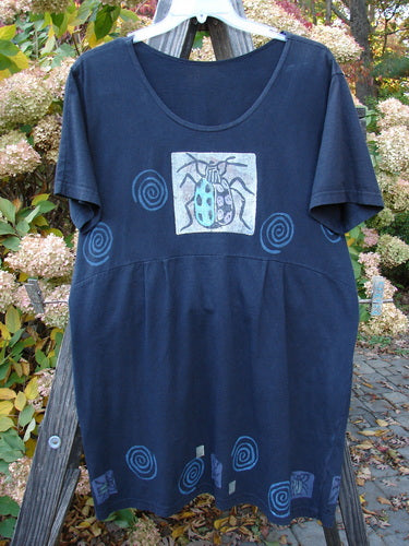 1992 Little Storma Dress Garden Bug Black Small OSFA featuring a blue shirt with a bug graphic, deep rounded neckline, tapering lower, and gathered rear with original hand-dyed silk ribbon slits.