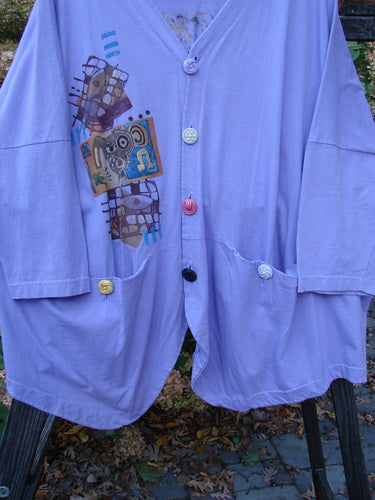 1997 Day Jacket Silly Pup Freesia Size 3 featuring brightly colored vintage buttons, two front pockets, dolman sleeves, and a playful pup theme design, perfect for adding a fun, unique touch to any wardrobe.