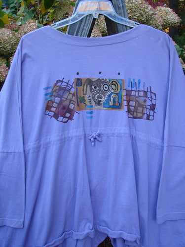 1997 Day Jacket Silly Pup Freesia Size 3 featuring a playful dog design on the front, dolman sleeves, V neckline, and two front pockets with button accents, made from medium weight organic cotton.