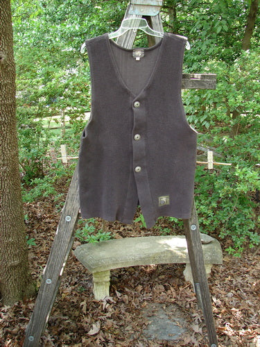 2000 Patched Celtic Moss Global Vest Brum Size 0 displayed on a ladder, showcasing its V neckline, 3 rubberized buttons, and signature Blue Fish front lower patch.