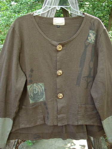 2000 Cotton Hemp Philos Jacket Biology Bark Size 0 featuring a scooped hemline, contrasting sleeves, two lower pockets, and distinctive buttons.