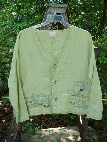 2000 Cross Dye Linen East Side Jacket Latitude Celery Size 0 featuring a square boxy shape, three unique ceramic buttons, and vented sides. Perfect condition from the Transitions Collection.