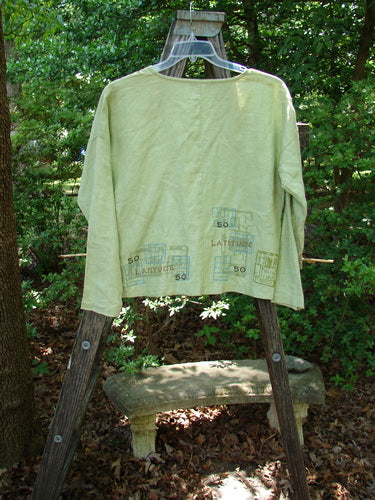 2000 Cross Dye Linen East Side Jacket Latitude Celery Size 0 displayed on a wooden ladder, showcasing its square boxy shape, unique ceramic buttons, and vented sides.