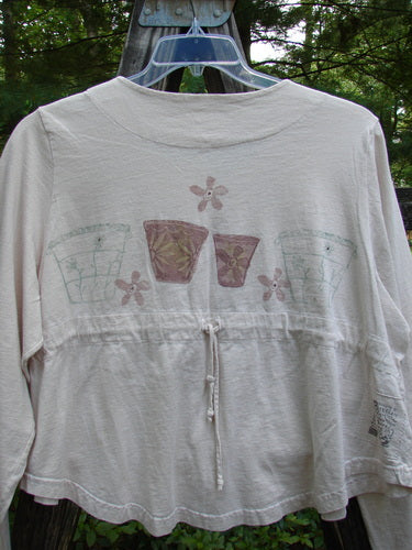 1999 Coffee Top Flowerpot Tea Dye Size 1: Organic cotton top featuring a rounded hemline, big button closures, drawcord back, and classic flowerpot design.
