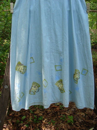 2000 Strappy Jumper Leaf Path Blue Jet Size 1 with adjustable pearl buttons, flared A-line shape, and leaf-patterned hem, made from light hemp cotton for Bluefishfinder.com's vintage collection.