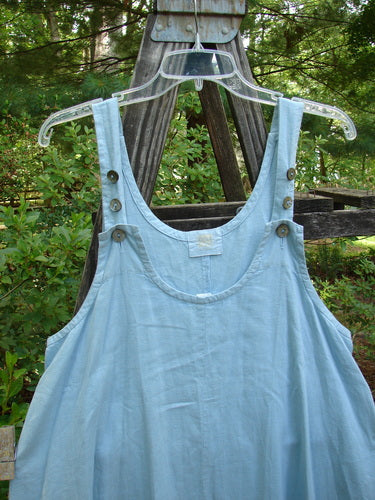 2000 Strappy Jumper Leaf Path Blue Jet Size 1 displayed on a swing, featuring an A-line flare, pearl buttons, and a leaf path hemline design, emphasizing its feminine scoop neckline and adjustable length.