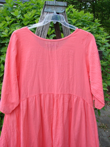 Barclay Linen Two Pocket Dolly Dress Notes Coral Size 0, featuring a flouncy skirt with a dropped empire waist, dual exterior pockets, and scripted notes theme, displayed on a hanger against greenery.