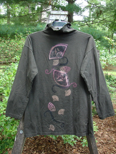 1994 Long Sleeved Vented Turtleneck Top Fan Edo Black Altered Size 1 with drop shoulders, vented sides, and a unique Asian fan design, displayed against an outdoor background.