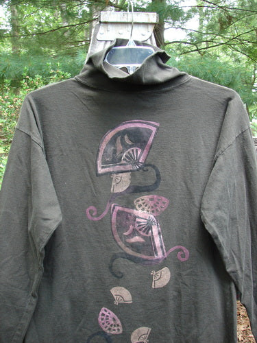 1994 Long Sleeved Vented Turtleneck Top Fan Edo Black Altered Size 1 featuring drop shoulders, vented sides, looser turtleneck, and Asian fan theme painting on mid-weight cotton jersey.