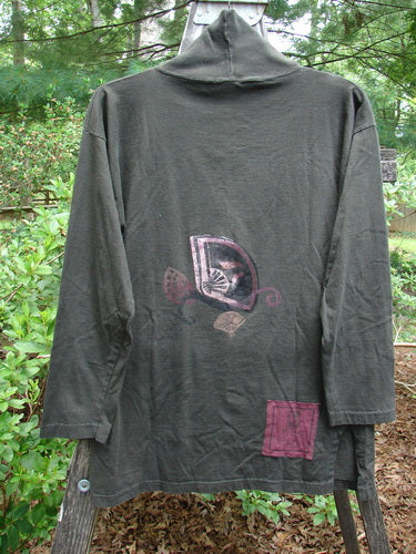 1994 Long Sleeved Vented Turtleneck Top Fan Edo Black Altered Size 1 featuring a unique Asian fan design on mid-weight cotton jersey with drop shoulders and vented sides.