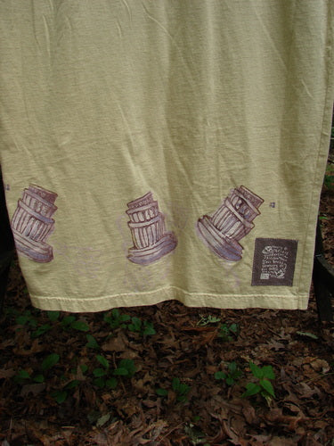 1999 Straight Dress Sugar Bowl Plantain Altered Size 1 with rounded pockets, paneled neckline, widening hips, and vented hemline, featuring Sweet Sugar Bowl theme drawings on organic cotton.