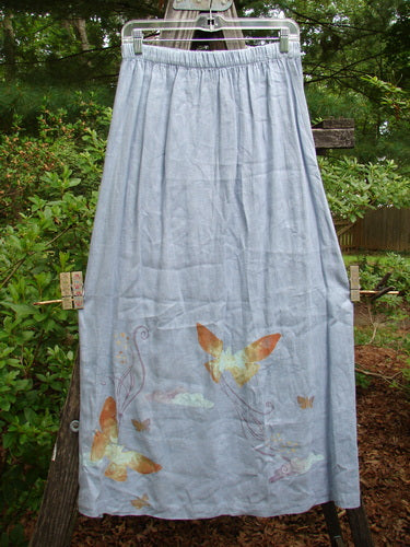 1999 Handkerchief Linen Blossom Skirt Butterfly Water Size 1, featuring a flowy design with butterfly motifs, full elastic waistline, and signature Blue Fish patch, perfect for a breezy, lightweight summer look.