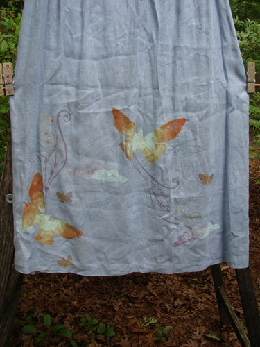 1999 Handkerchief Linen Blossom Skirt Butterfly Water Size 1 featuring butterfly motifs and a full elastic waistline, showcasing its airy, flowy design and gradual widening shape.