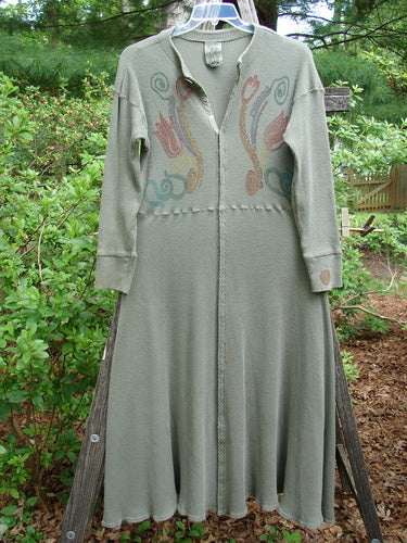 1995 Thermal Soliloquy Dress Abstract Greenwear Altered Size 2 displayed outdoors; features tiny front snaps, drop waistline, ribbed lower sleeves, sweeping hemline, and intricate abstract design.