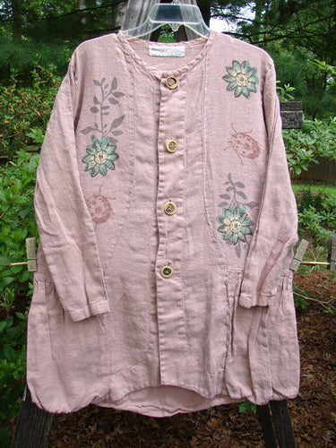 1998 Botanical Meadow Jacket Ladybug Floral Mallow Altered Size 1, featuring floral patterns, ceramic buttons, wide A-line shape with bottom flounce, and botanical and ladybug paint themes.